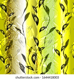 Seamless pattern. Illustration with snakes, gold leaves and creeping stems from the bottom up.