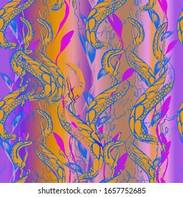 Seamless pattern. Illustration with snakes, pink leaves and creeping stems from the bottom up on the 
lilac background.
