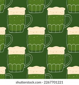 Seamless pattern with illustration stylized mug of beer on green background for St.Patrick holiday