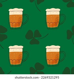 Seamless pattern with illustration stylized mug of beer on green background for St.Patrick holiday