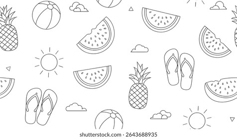 Seamless pattern illustration with summer elements: pineapple, watermelon slice, beach ball, sun, clouds, and flip flops, all in outline style.