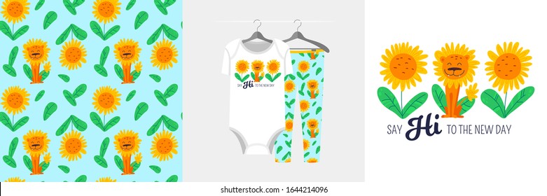 Seamless pattern and illustration with sunflowers and lion, text Say Hi to the New Day. Cute design pajamas on hanger. Baby background for clothes, room decor, t-shirt print, kids wear, wrapping