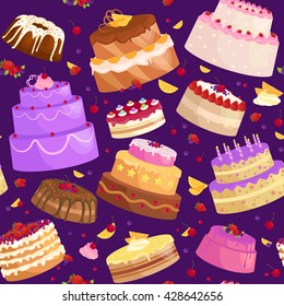 seamless pattern Illustration of sweet baked vector isolated cakes set. Strawberry icing pie for holiday, cupcake, brown chocolate cake gourmet, colorful birthday celebration cherry brownie bakery