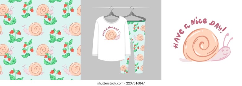 Seamless pattern and illustration with sweet snail, Have a nice day! Cute design pajamas on hanger. Baby background for clothes, birthday decor, fashion t-shirt print, invitation card, wrapping