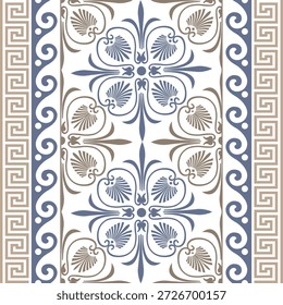 Ilustración de patrón transparente en estilo tradicional - como azulejos portugueses. Patrón de Vertical sin fisuras motivos griegos clásicos: centro estilizado de acanto palmette, borde clave del traste, meandro floral. Azulejo