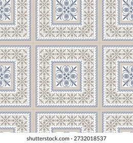 Seamless pattern illustration in traditional style Portuguese tiles. Cerulean ethnic background. Greek key meanders ornaments. Typical egyptian, assyrian, greek motives. For tile, embroidery, ceramic