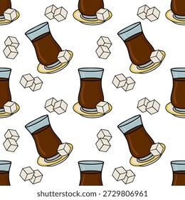 Ilustración sin fisuras del modelo de los vidrios de té turcos tradicionales con los cubos de azúcar, Vector