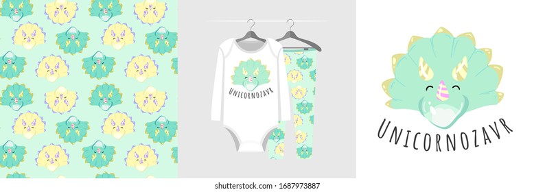 Seamless pattern and illustration with triceratops, Unicornozavr text. Cute design pajamas on a hanger. Baby background for clothes, room birthday decor, t-shirt print, kids wear fashion, wrapping