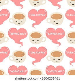 seamless pattern illustration of two coffee cups with smiling faces with smoke forming a heart