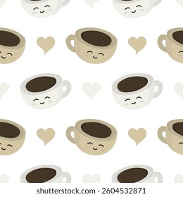 seamless pattern illustration of two coffee cups with smiling faces with smoke forming a heart in the middle on a white background