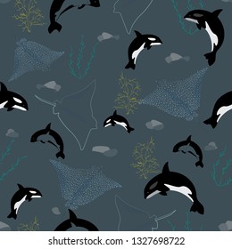 Seamless pattern illustration of underwater corals, whales, rocks, stingray and seaweeds. Perfect for gifts, background, fabric and scrapbooking.