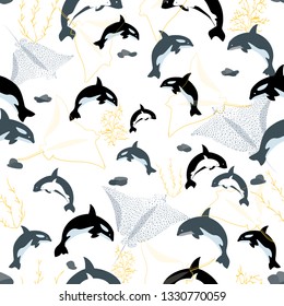 Seamless pattern illustration of underwater corals, whales, rocks, stingray and seaweeds. Perfect for gifts, background, fabric and scrapbooking.