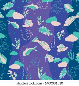 Seamless pattern illustration of underwater corals, whales, rocks, stingray, fish and seaweeds in aqua, purple, indigo and turquoise. Perfect for gifts, background, fabric and scrapbooking.