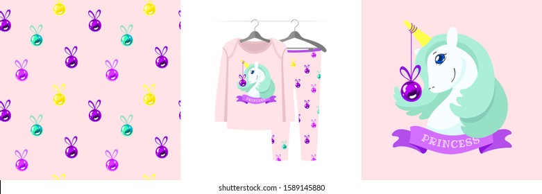 Seamless pattern and illustration - unicorn decorated like a Christmas tree. Cute design pajamas on hanger. Baby background for fashion clothes wear, room decor, t-shirt print, baby shower, wrapping