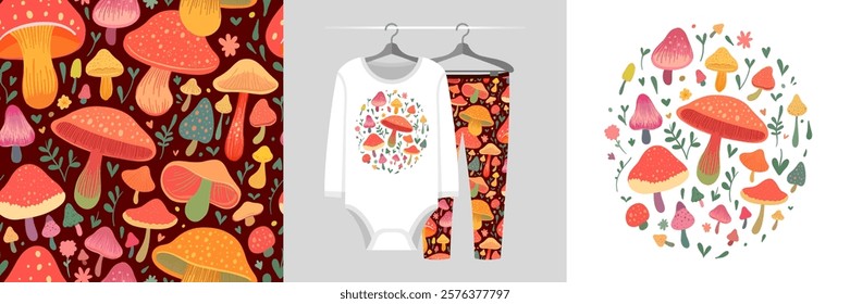 Seamless pattern and illustration vector set with hand-drawn colorful mushroom and amanita, doodle style. Funny creative design hand painted textile fabric texture, tee prints background, wrapping