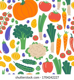 Seamless pattern with Illustration of vegetables. Flat hand drawn background with healthy food. Organic farm products in sketch style. Isolated scandinavian items.