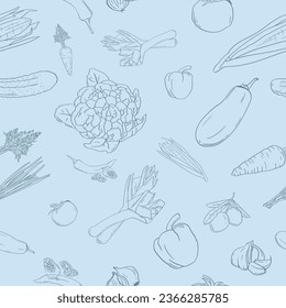 
Seamless pattern with illustration of vegetables, food and culinary ingredients