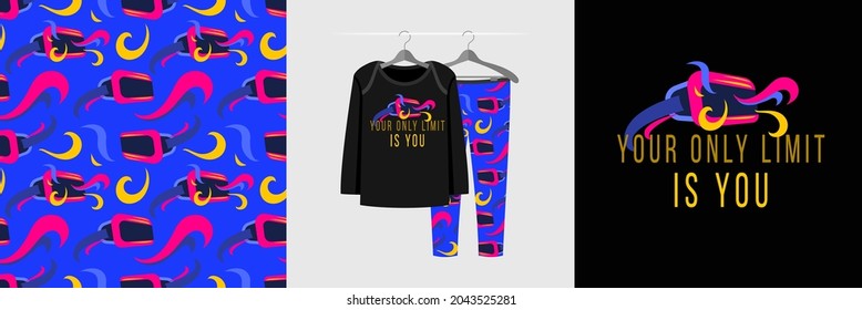Seamless pattern and illustration with vr and game quote Your only limit is you. Cute design pajamas on hanger. Baby background for clothes, room birthday decor, t-shirt print, wear fashion