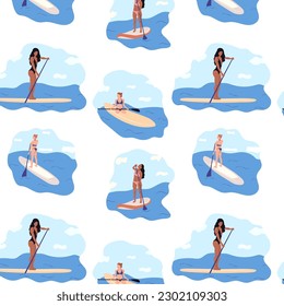 Seamless pattern with illustration Water sports. Young woman standing on sup board isolated. Surfers and others during windsurfing, kiteboarding. Flat graphic vector illustrations