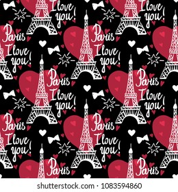 Seamless pattern. Illustration white hand draw Eiffel Tower. Vector decorations isolated on black background. Handwritten inscription Paris I love you.