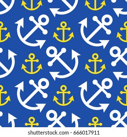 seamless pattern illustration, white and yellow boat anchor, different sizes - in front of a blue background