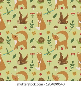 Seamless pattern with illustration of wild animals such as fox, owl and forest plants and flowers.