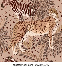 Patrón sin foco con ilustración de animales salvajes. Fondo con cebra y chita en vector. Dibujo de color marrón