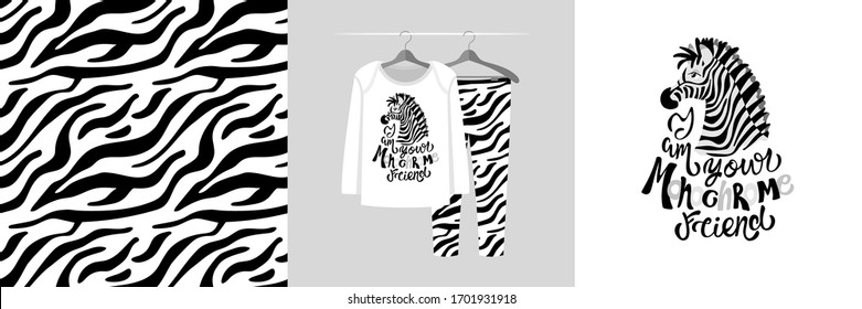 Nahtlose Muster und Illustration mit Zebra, ich bin Ihr monochrome Freund-Text. Frische Design-Schlafanzüge am Hänger. Baby-Hintergrund für Kleidung, Zimmer-Geburtstagsdekor, Modeabdruck, Umhüllung