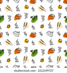 Seamless pattern with illustrations of autumn plants and any desserts on a white background in the hand drawn style