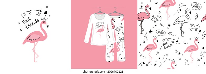 Seamless pattern and illustrations for baby, girls, women with pink bird, flamingo. Cute designer pajamas on a hanger. Vector illustration. Typographic design for fashion clothes, t-shirt.