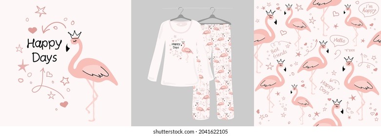 Seamless pattern and illustrations for baby, girls, women with pink bird, flamingo. Cute designer pajamas on a hanger. Vector illustration. Typographic design for fashion clothes, t-shirt.