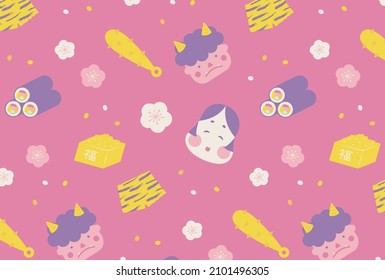 patrón impecable con ilustraciones del Festival Bean-Throwing llamado Setsubun para carteles, tarjetas, volantes, fondos de pantalla de medios sociales, etc.
(traducción: Buena suerte)
