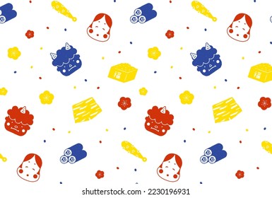 seamless pattern with illustrations of Bean-Throwing Festival called Setsubun for banners, cards, flyers, social media wallpapers, etc.
(translation: happiness)