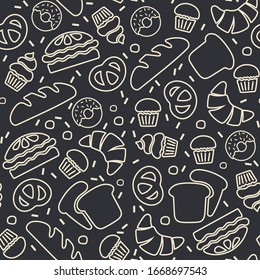 Seamless pattern of illustrations of bread and bakery products on a black background. Baked goods background. Vector illustration. EPS 10