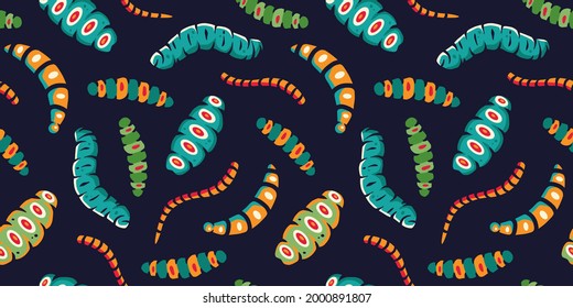 Seamless pattern with illustrations of caterpillar and maggots worms for halloween design. Scary insect larvae. October party banner, poster or postcard