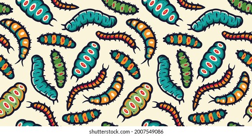 Seamless pattern with illustrations of caterpillar and maggots worms for halloween design. Scary insect larvae. October party banner, poster or postcard