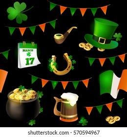 Seamless pattern of illustrations for celebrating St. Patrick's Day. Leprechaun hat, pot of gold, clover and flag. 