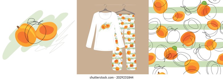 Seamless pattern and illustrations for children, girls, women with bright apricots on a white background. Cute, ladies', designer pajamas. Vector illustration. Typography of clothes, t-shirts. 