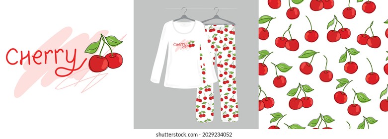 Seamless pattern and illustrations for children, girls, women with cherries on a white background. Cute, ladies', designer pajamas. Vector illustration. Typography of clothes, t-shirts. 