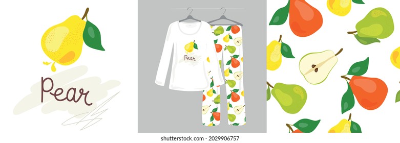 Patrón e ilustraciones sin foco para niños, niñas, mujeres con pera verde en un fondo blanco. Cuidada, señoras, pijamas de diseño. Ilustración vectorial. Tipografía de ropa, camisetas.