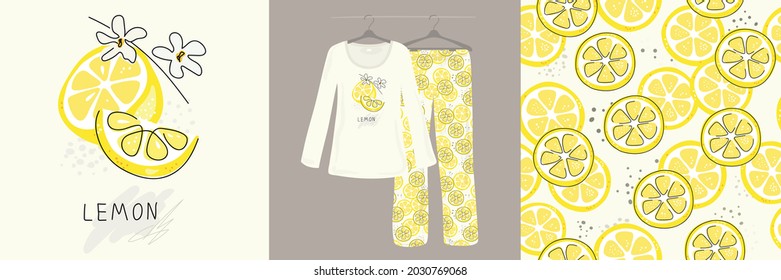 Seamless pattern and illustrations for children, girls, women with citruses, lemons, green leaves on a white background. Cute designer pajamas. Vector illustration.Typography of clothes, t-shirts.