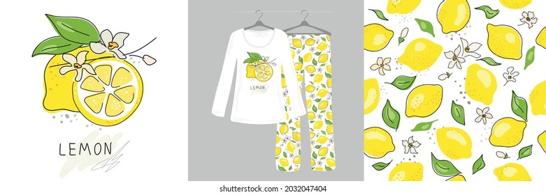 Seamless pattern and illustrations for children, girls, women with citruses, lemons, green leaves on a white background. Cute designer pajamas. Vector illustration.Typography of clothes, t-shirts.