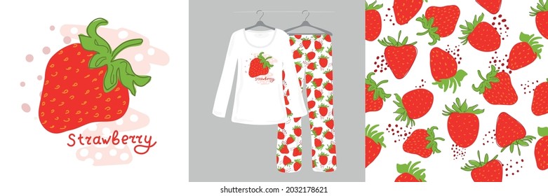 Seamless pattern and illustrations for children, girls, women with berry,fresh strawberries on a white background. Cute, ladies, designer pajamas. Vector illustration. Typography of clothes, t-shirts.