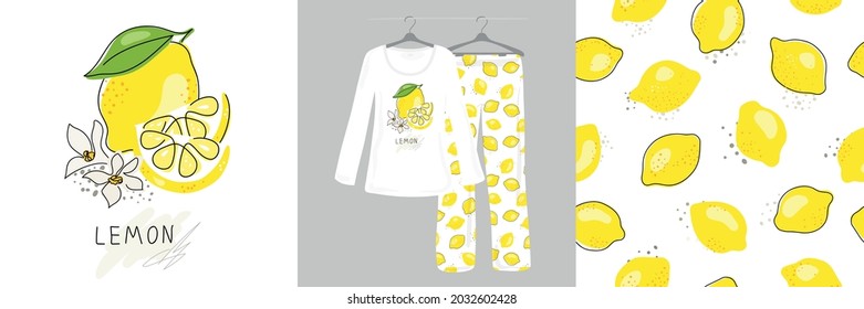 Seamless pattern and illustrations for children, girls, women with citruses, lemons, green leaves on a white background. Cute designer pajamas. Vector illustration.Typography of clothes, t-shirts.