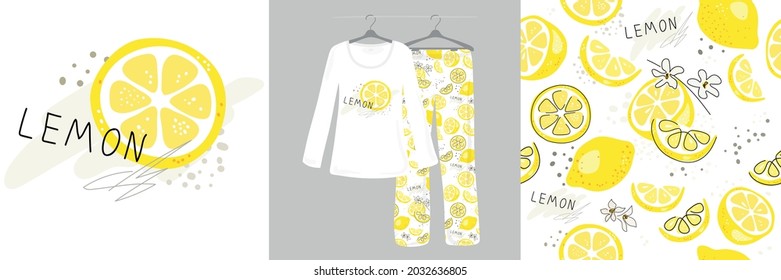 Patrón e ilustraciones sin foco para niños, niñas, mujeres con cítricos, limones, hojas verdes sobre un fondo blanco. Pajamas de diseño. Ilustración vectorial.Tipografía de ropa, camisetas.