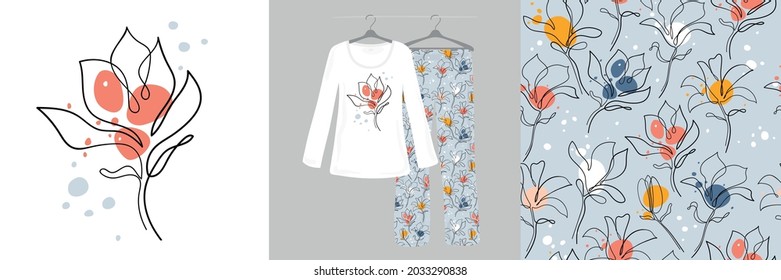 Seamless pattern and illustrations for children, girls, women with a magnolia flower on a white and blue background. Cute, ladies', designer pajamas.Vector illustration.Typography of clothes, shirts.
