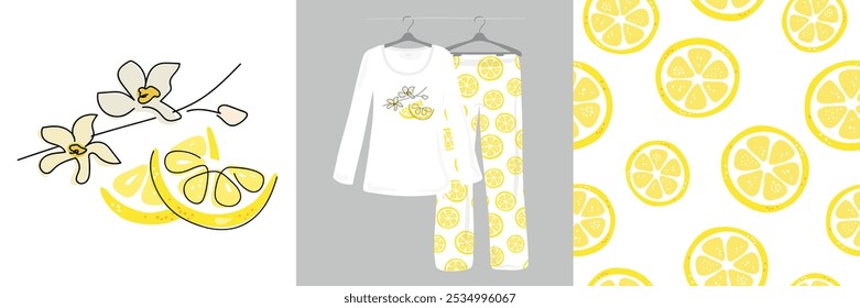 Patrón sin fisuras e ilustraciones para niños, niñas, mujeres con cítricos, limones, hojas verdes sobre un fondo blanco. Lindo pijama de diseñador. Ilustración vectorial. Tipografía de prendas, camisetas.
