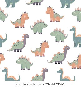Patrón sin foco con ilustraciones de lindos dinosaurios de dibujos animados sobre un fondo blanco.