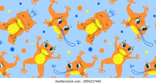 Seamless pattern with illustrations. Cute little Green Frog Smiles, Jumps, Hunts insects, dreams. A set of vector illustrations