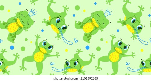 Seamless pattern with illustrations. Cute little Green Frog Smiles, Jumps, Hunts insects, dreams. A set of vector illustrations